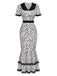 [Vorverkauf] Weiß & Schwarz 1930er Leopard Spitze Fischschwanz Kleid