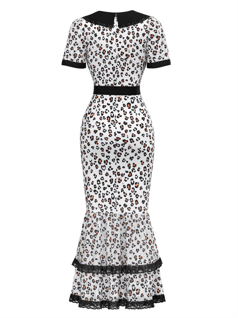 [Vorverkauf] Weiß & Schwarz 1930er Leopard Spitze Fischschwanz Kleid