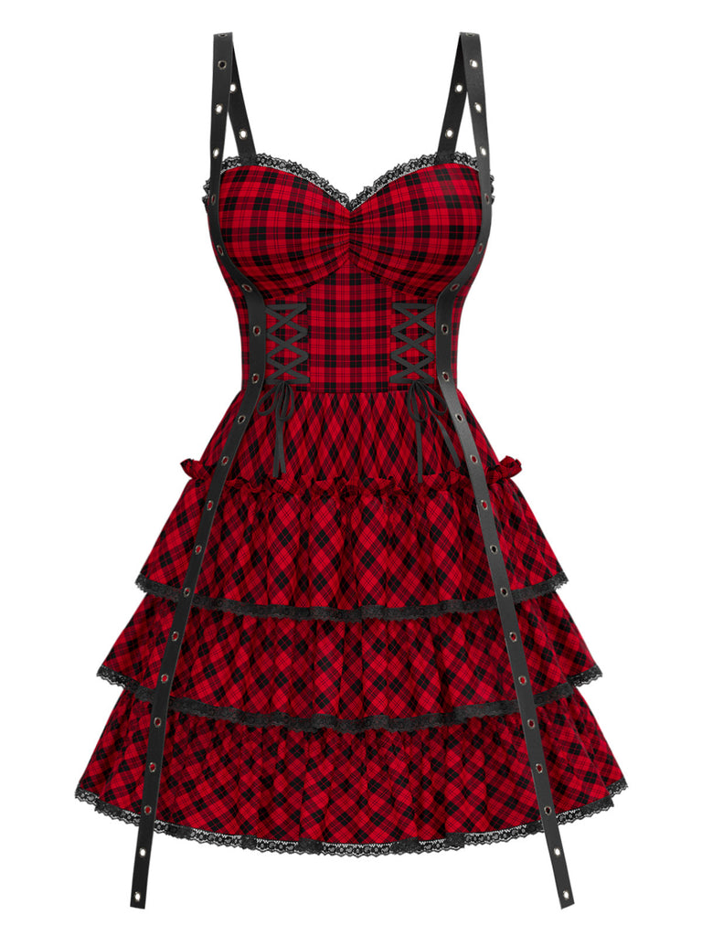 [Vorverkauf] Rot 1980er Plaid Gothic Lagen Rüschen Korsett Kleid