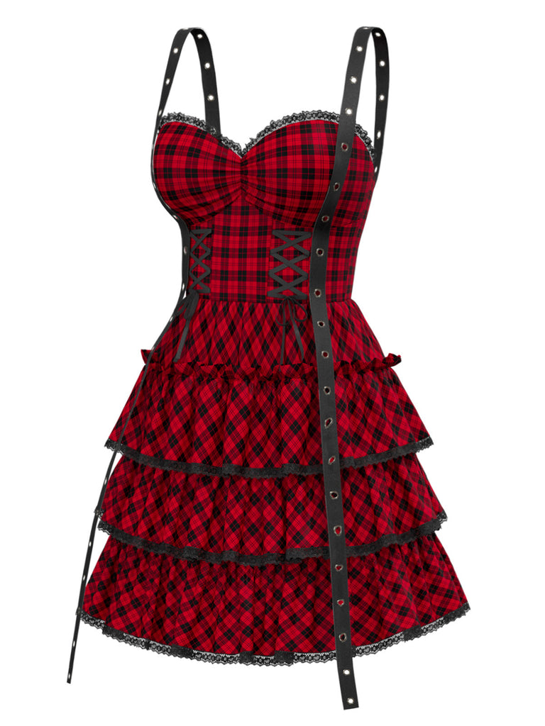 [Vorverkauf] Rot 1980er Plaid Gothic Lagen Rüschen Korsett Kleid