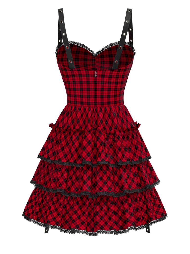 [Vorverkauf] Rot 1980er Plaid Gothic Lagen Rüschen Korsett Kleid