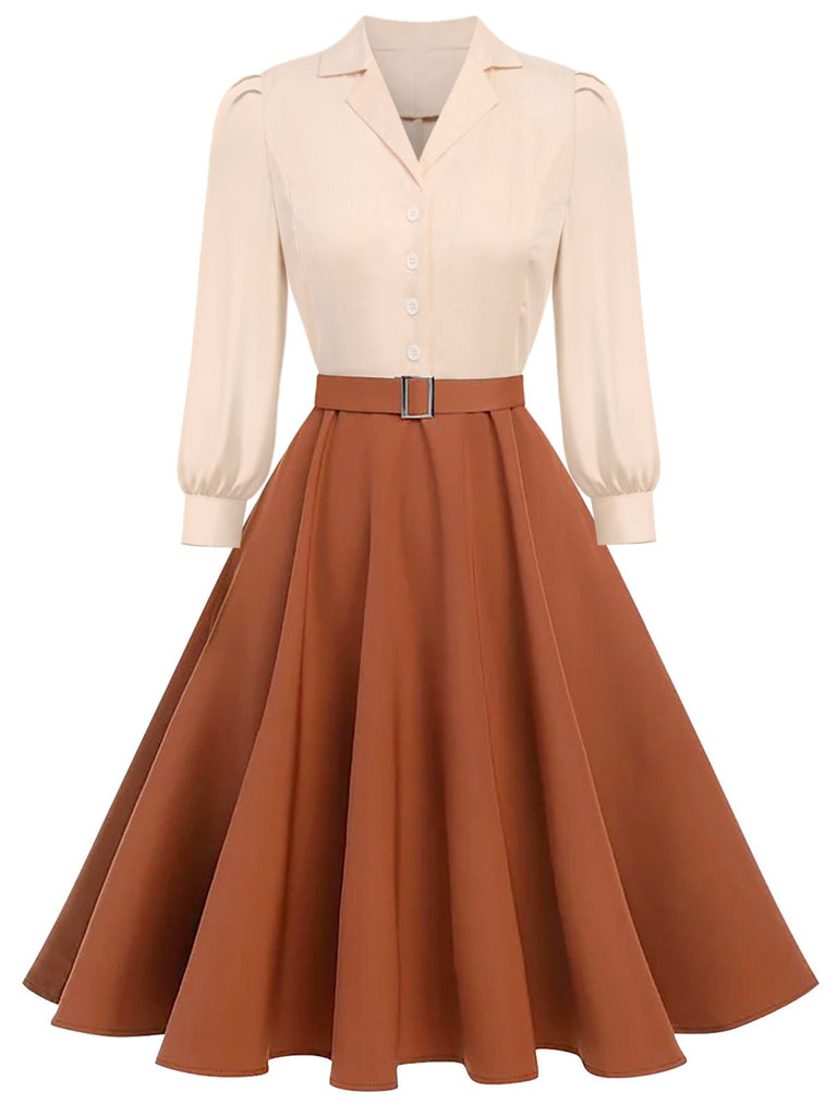 [Vorverkauf] Khaki 1950er Farbblock Langarm Taste Kleid