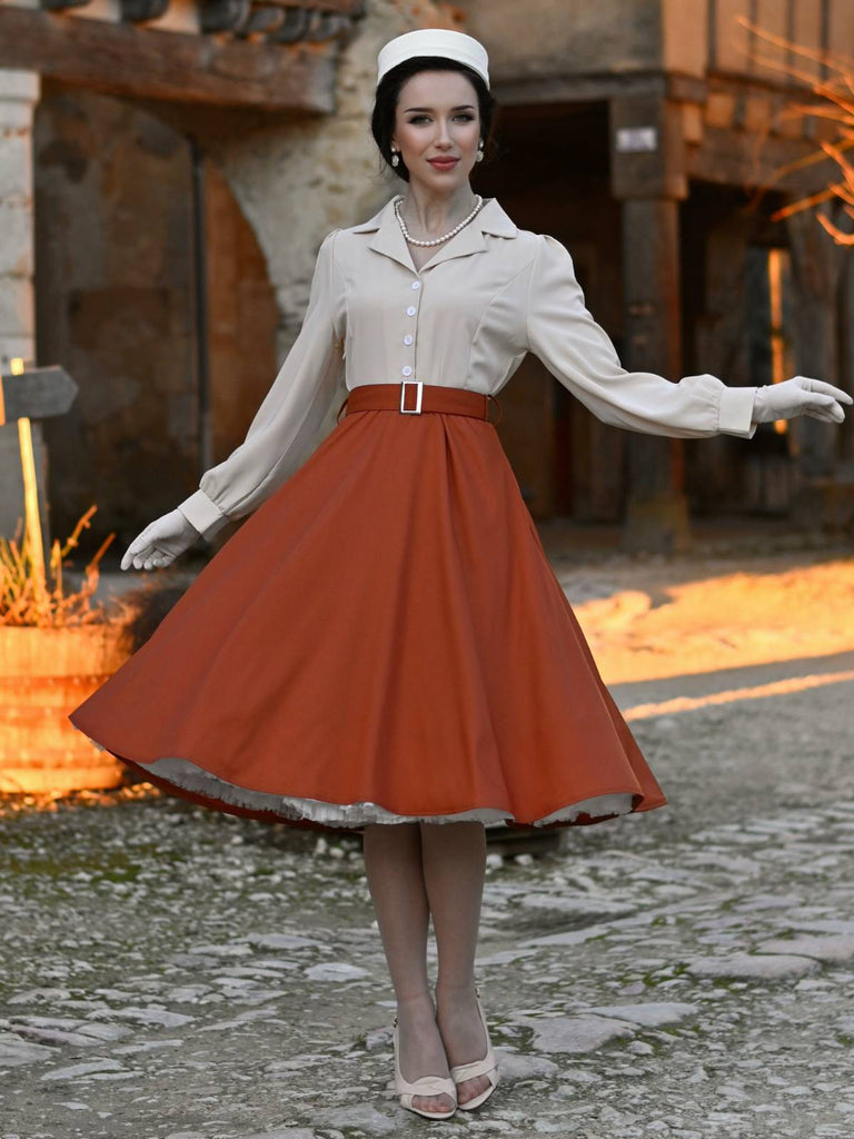 Khaki 1950er Farbblock Langarm Taste Kleid