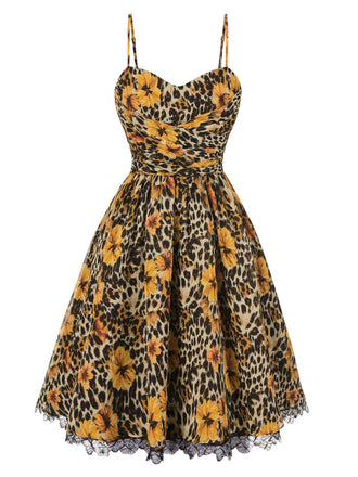 1950er Slip Leopard Sonnenblume Schmetterlinge Spitze Kleid