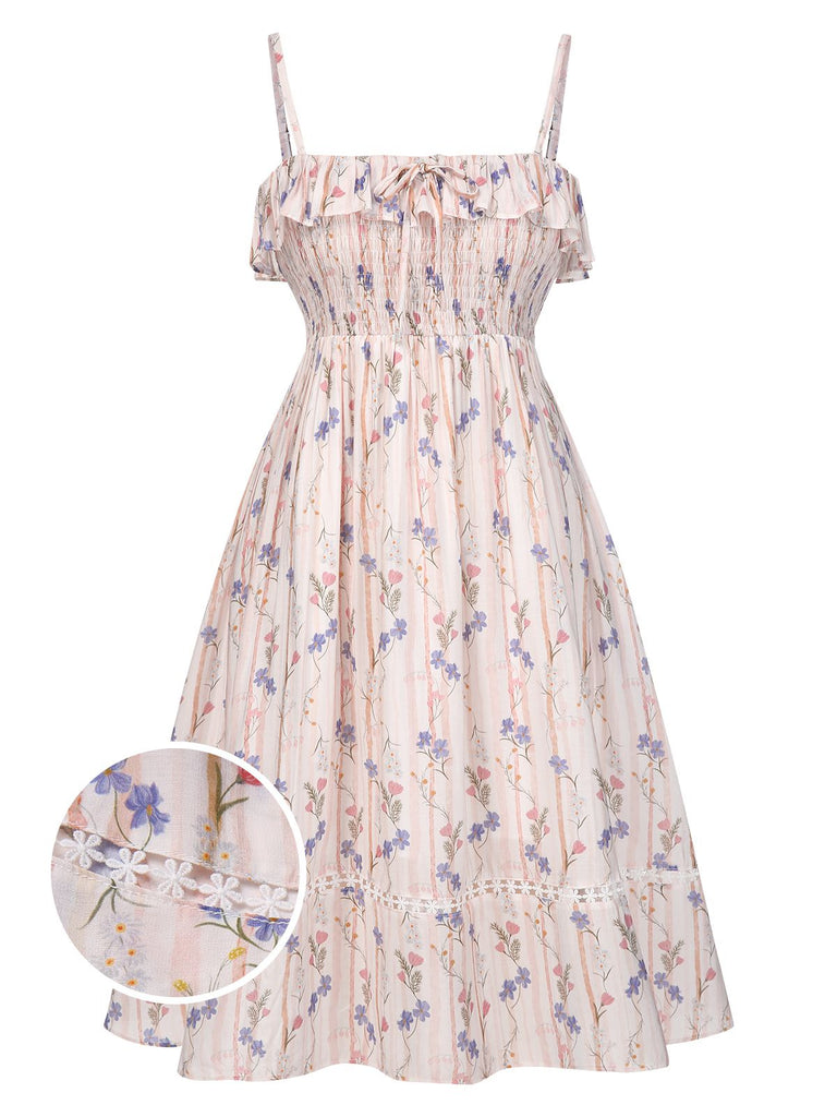 [Vorverkauf] [Übergröße] Rosa 1970er Blumen Gerüschter-Saum Kleid