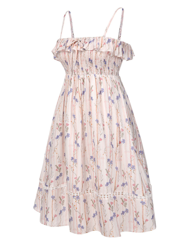 [Vorverkauf] [Übergröße] Rosa 1970er Blumen Gerüschter-Saum Kleid