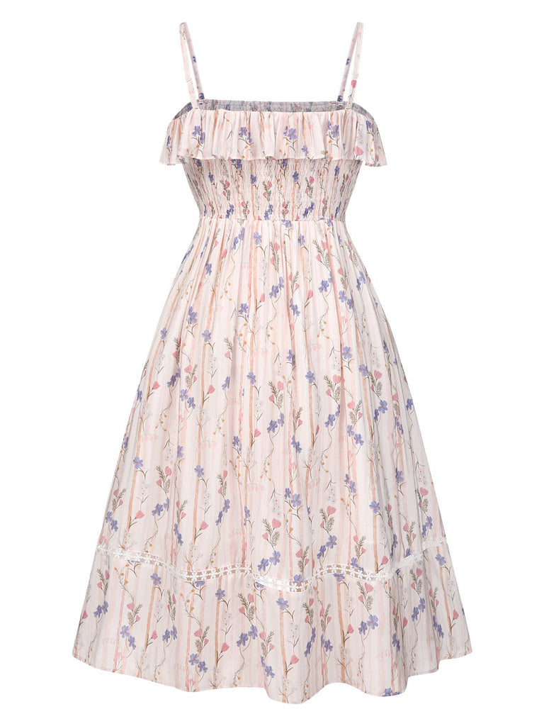 [Vorverkauf] [Übergröße] Rosa 1970er Blumen Gerüschter-Saum Kleid