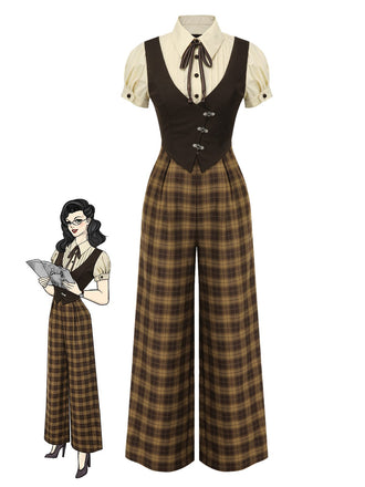 Braun 1930er Gefälschte 3PCS Bogen Plaid Jumpsuit