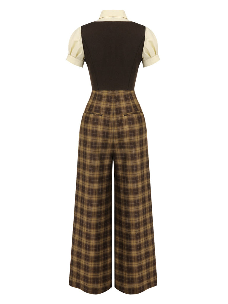 [Vorverkauf] Braun 1930er Gefälschte 3PCS Bogen Plaid Jumpsuit
