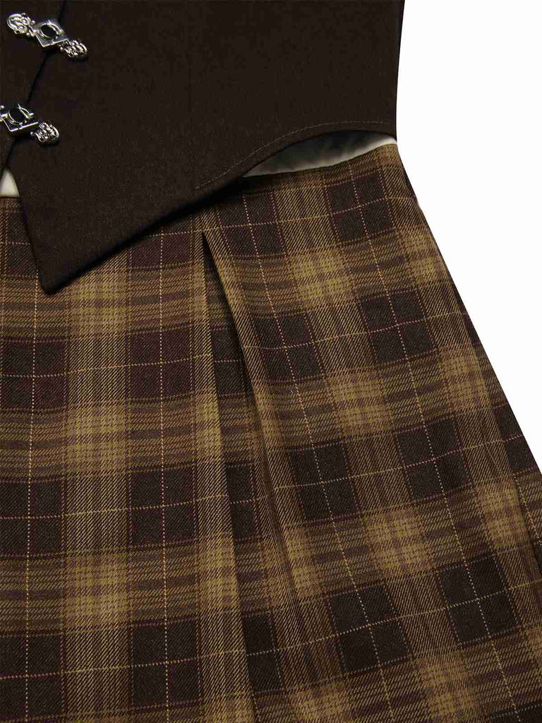 [Vorverkauf] Braun 1930er Gefälschte 3PCS Bogen Plaid Jumpsuit