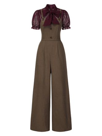 Rot 1930er Netz Patchwork Vertikal Streifen Jumpsuit
