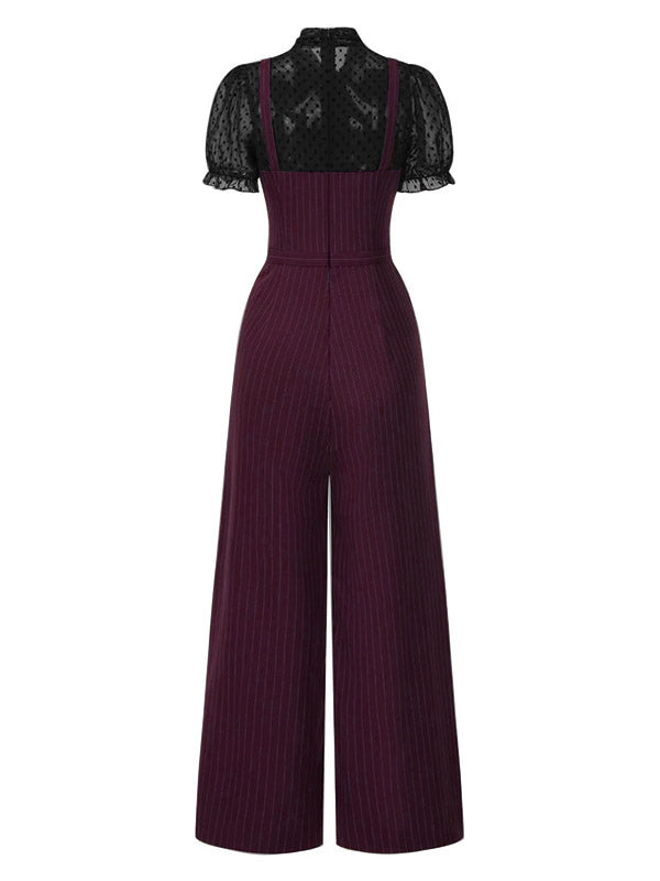 [Vorverkauf] Schwarz 1930er Netz Patchwork Vertikal Streifen Jumpsuit