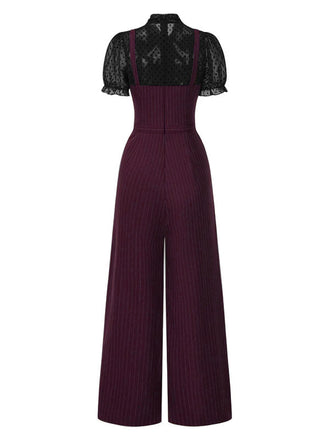 [Vorverkauf] Schwarz 1930er Netz Patchwork Vertikal Streifen Jumpsuit
