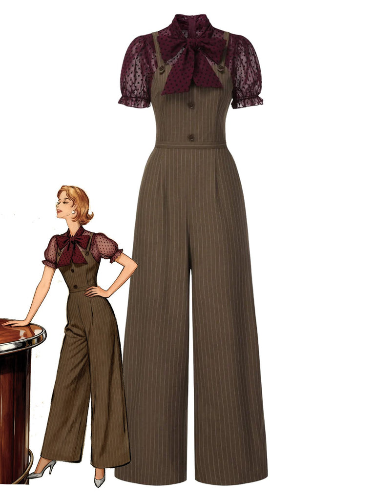 [Vorverkauf] Rot 1930er Netz Patchwork Vertikal Streifen Jumpsuit