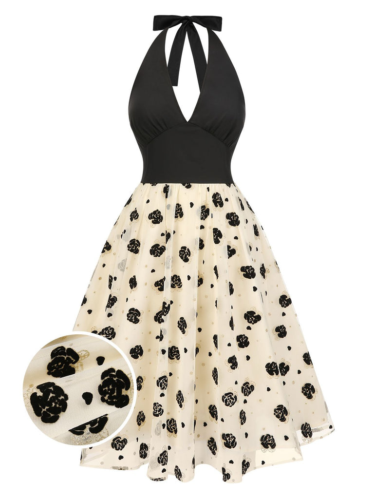 [Vorverkauf] Beige 1950er Rosen Netz Halter Kleid