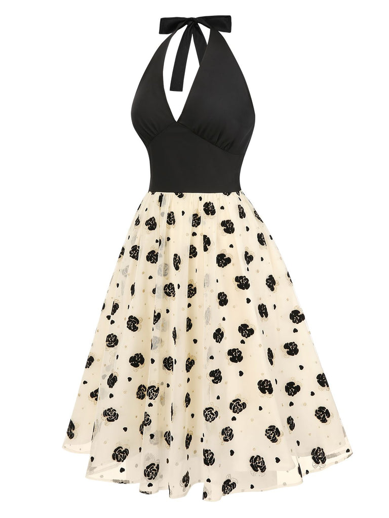[Vorverkauf] Beige 1950er Rosen Netz Halter Kleid