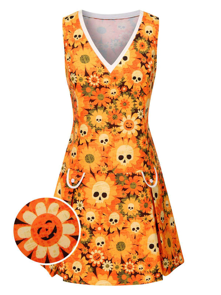 Orange 1960er Halloween Schädel Blumen Druck V-Ausschnitt Kleid