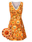 Orange 1960er Halloween Schädel Blumen Druck V-Ausschnitt Kleid