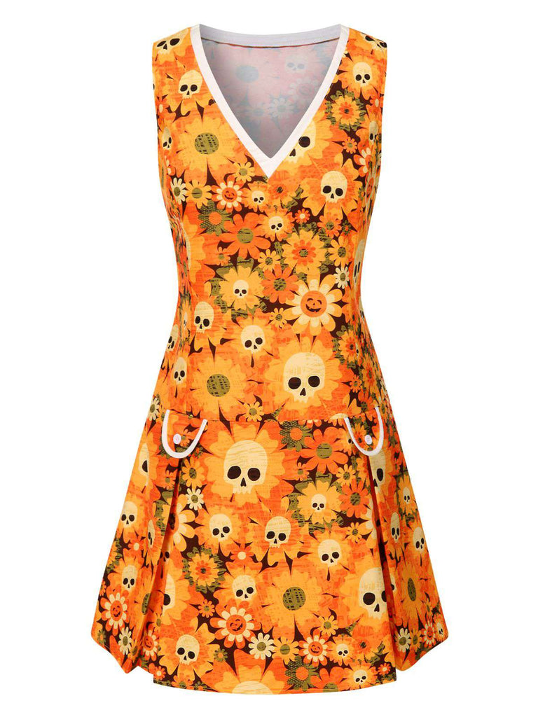 Orange 1960er Halloween Schädel Blumen Druck V-Ausschnitt Kleid