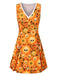 Orange 1960er Halloween Schädel Blumen Druck V-Ausschnitt Kleid