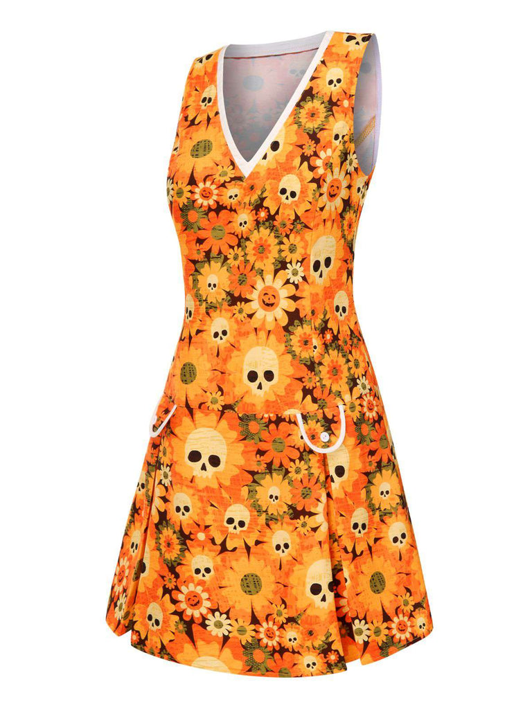 Orange 1960er Halloween Schädel Blumen Druck V-Ausschnitt Kleid
