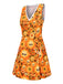 Orange 1960er Halloween Schädel Blumen Druck V-Ausschnitt Kleid