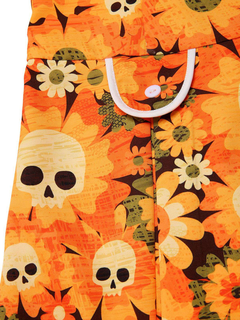 Orange 1960er Halloween Schädel Blumen Druck V-Ausschnitt Kleid