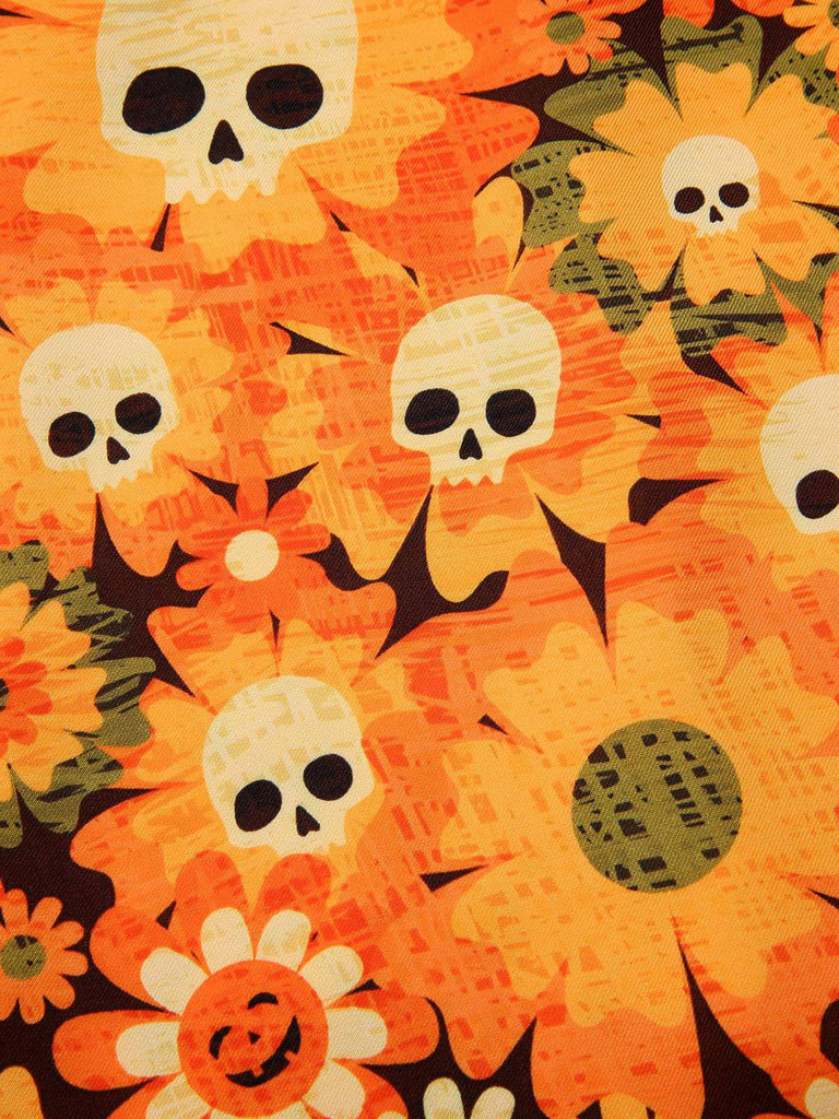Orange 1960er Halloween Schädel Blumen Druck V-Ausschnitt Kleid