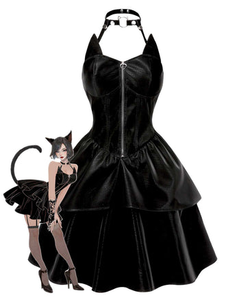 Schwarz 1950er Halloween Katzenmädchen Leder Kleid