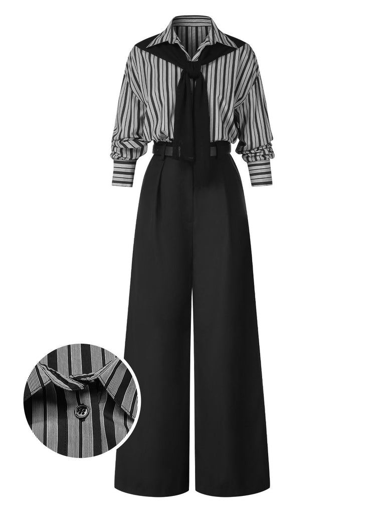 [Vorverkauf] Schwarz 1940er Hemdkragen Streifen Jumpsuit Mit Kap