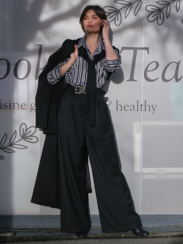 Schwarz 1940er Hemdkragen Streifen Jumpsuit Mit Kap