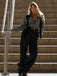 Schwarz 1940er Hemdkragen Streifen Jumpsuit Mit Kap