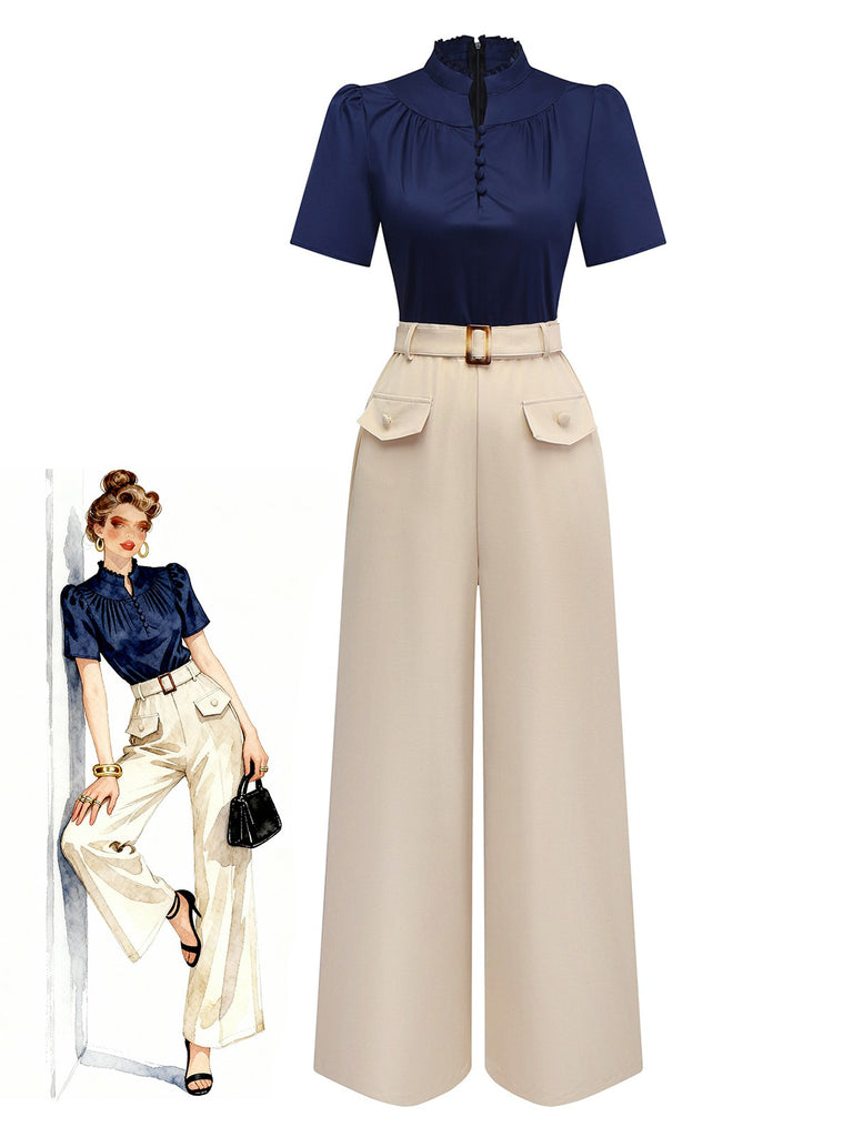 [Vorverkauf] Blau & Khaki 1930er Kontrast Stehkragen Jumpsuit