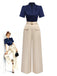 [Vorverkauf] Blau & Khaki 1930er Kontrast Stehkragen Jumpsuit