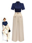 [Vorverkauf] Blau & Khaki 1930er Kontrast Stehkragen Jumpsuit