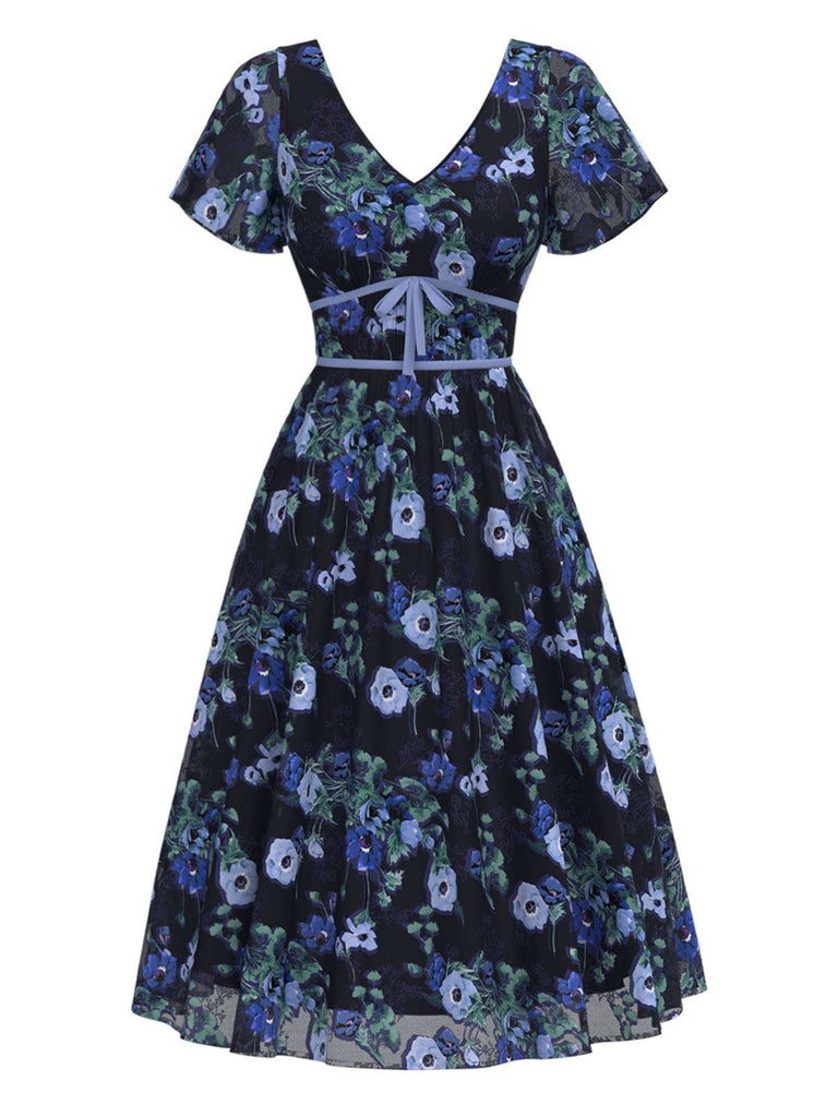 [Vorverkauf] Blau 1950er Blumen V-Ausschnitt Midi Kleid