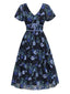 [Vorverkauf] Blau 1950er Blumen V-Ausschnitt Midi Kleid