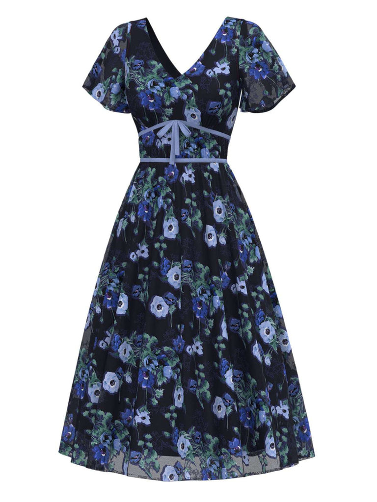 [Vorverkauf] Blau 1950er Blumen V-Ausschnitt Midi Kleid