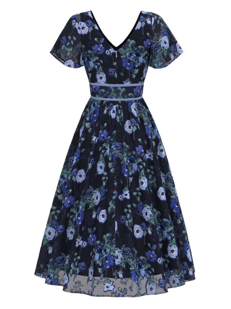 [Vorverkauf] Blau 1950er Blumen V-Ausschnitt Midi Kleid