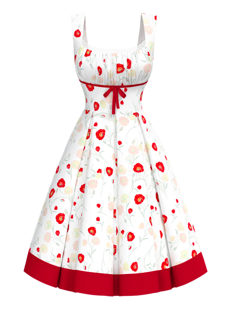 [Vorverkauf] 1950er Quadratischer Hals Spitze Blumen Bogen Kleid