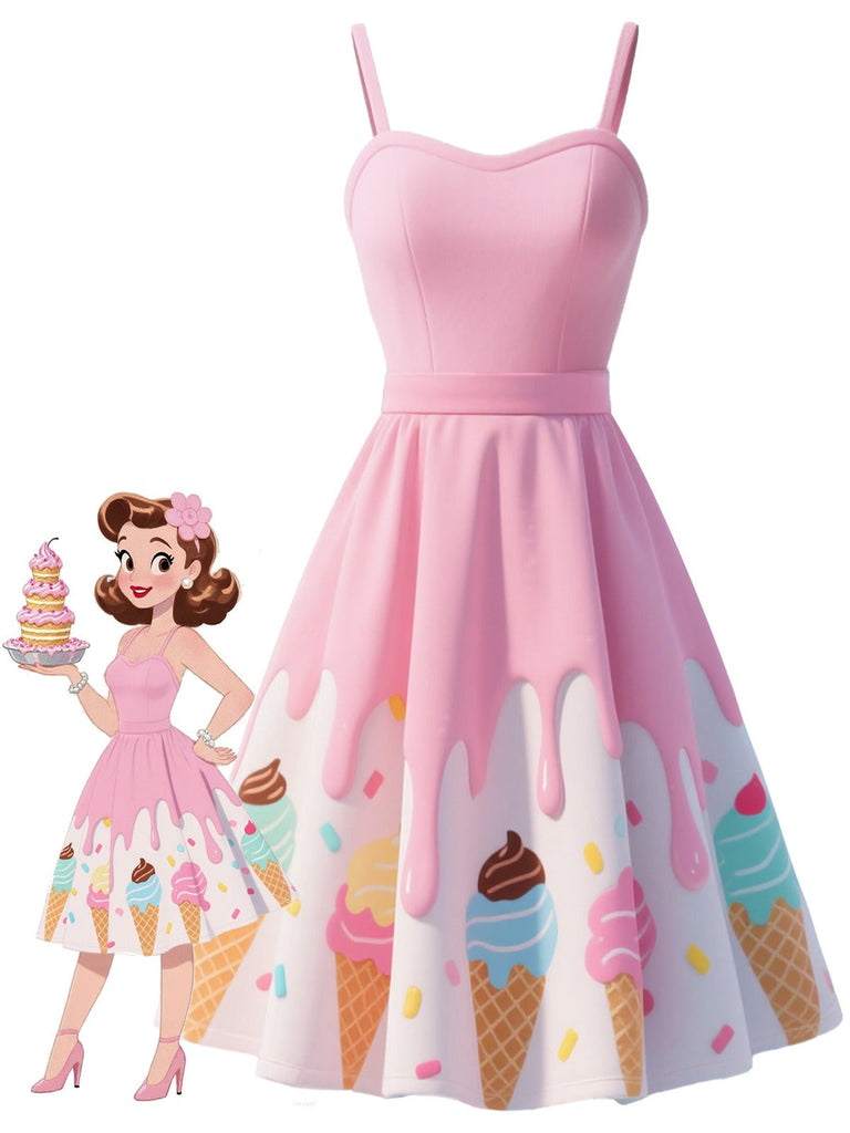 [Vorverkauf] Blassrosa 1950er Eiscreme Herzförmiger Hals Kleid