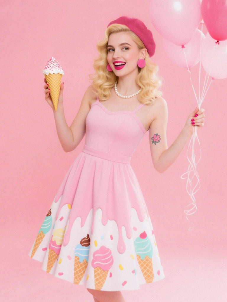 [Vorverkauf] Blassrosa 1950er Eiscreme Herzförmiger Hals Kleid