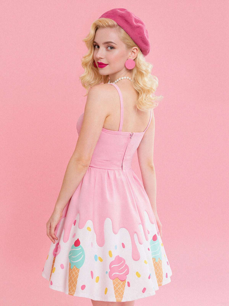 [Vorverkauf] Blassrosa 1950er Eiscreme Herzförmiger Hals Kleid