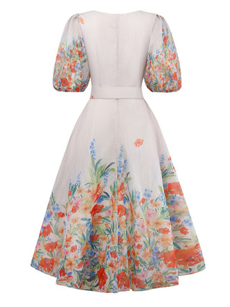 Multicolor 1950er Blumen V-Ausschnitt Laternenhülle Gürtel Kleid