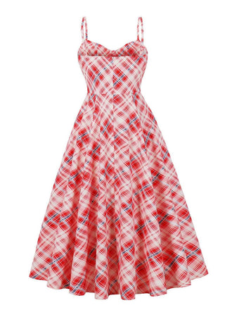 Rot 1950er Spaghettiträger Plaid Swing Kleid