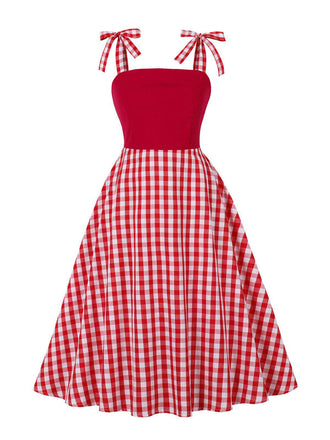 Rot 1950er Schulterkrawatte Gingham Plaid Kleid