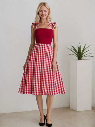 Rot 1950er Schulterkrawatte Gingham Plaid Kleid