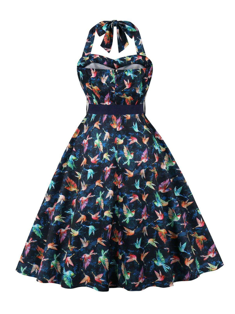 Multicolor 1950er Vogel Neckholder Gürtel Kleid