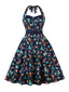 Multicolor 1950er Vogel Neckholder Gürtel Kleid