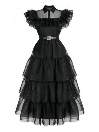 Schwarz 1950er Halloween Wednesday ballkleid Organza Rüschen Revers Kleid